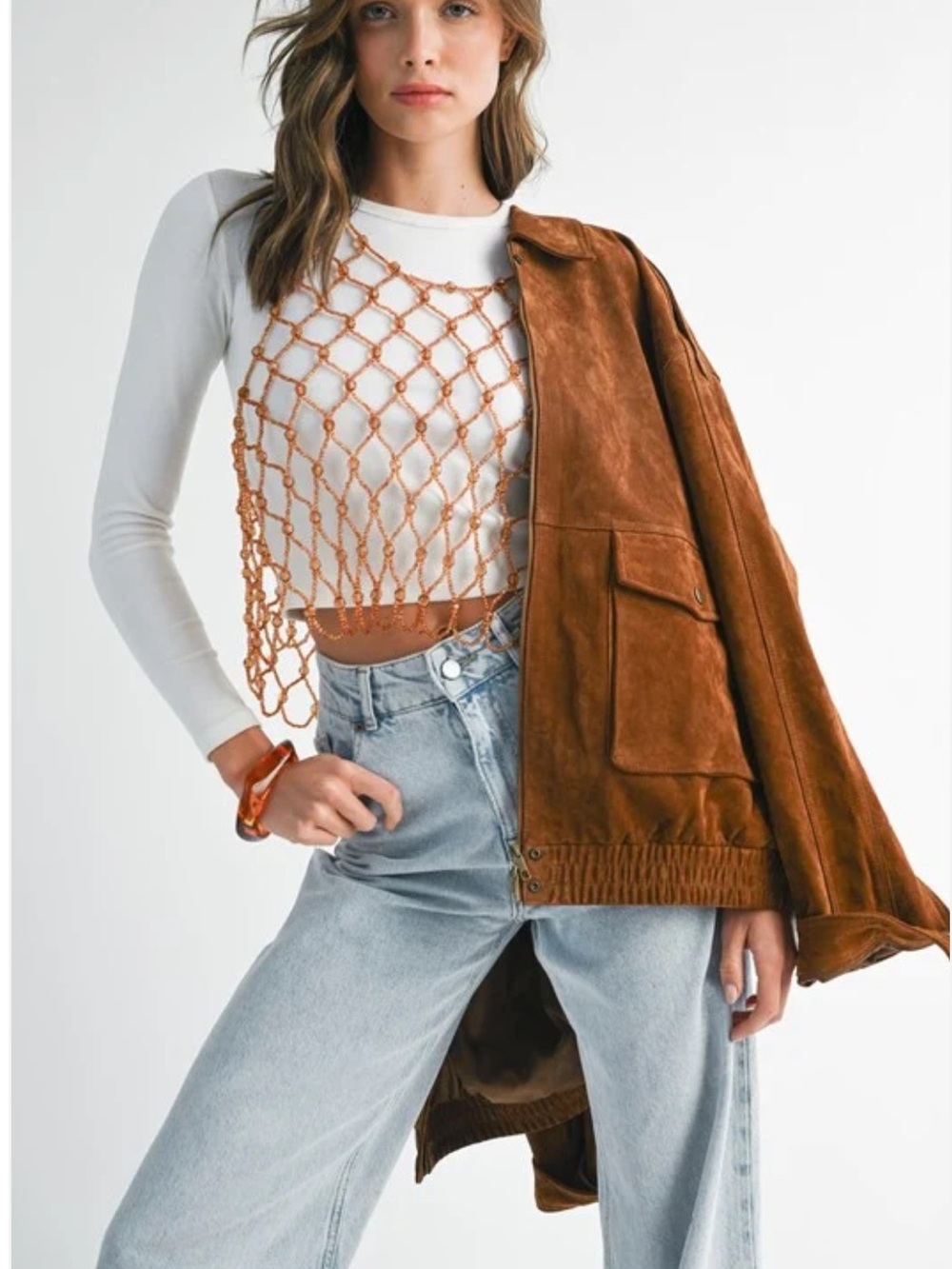Beaded Macramé Overlay Tank in Rust